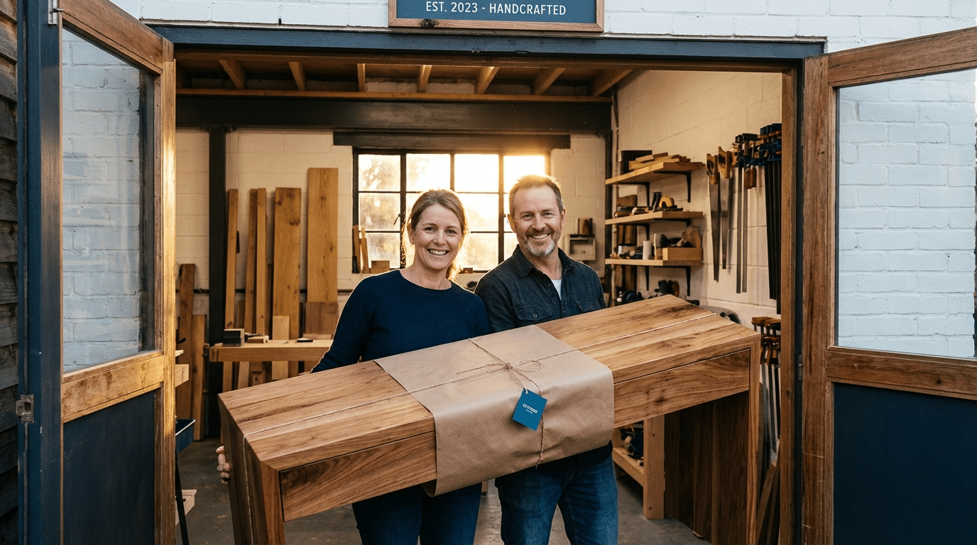 זוג מחזיק את היצירה המשותפת שלהם בסיום סדנת נגרות