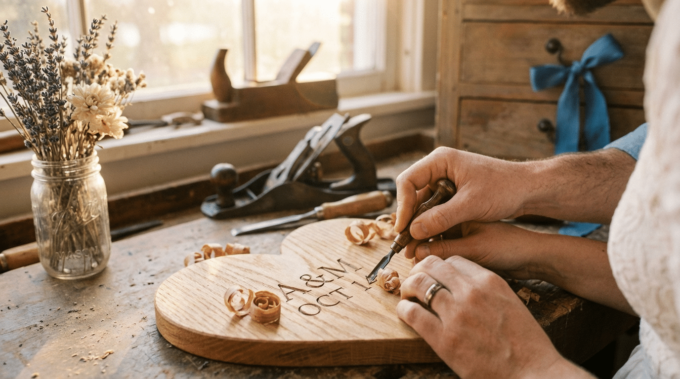 זוג יוצר פריט עץ רומנטי עם חריטה אישית בסדנת נגרות