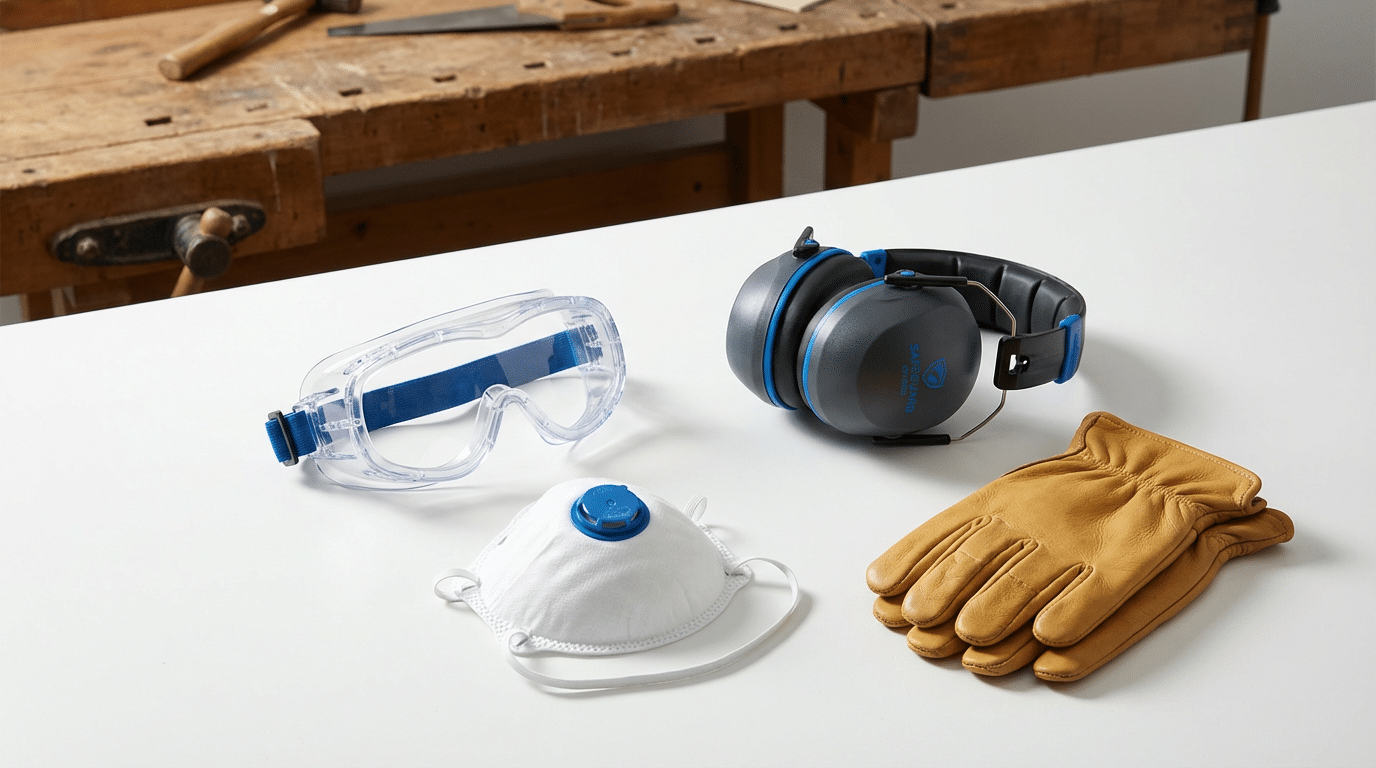 ציוד בטיחות לנגרות כולל משקפי מגן ומסיכה