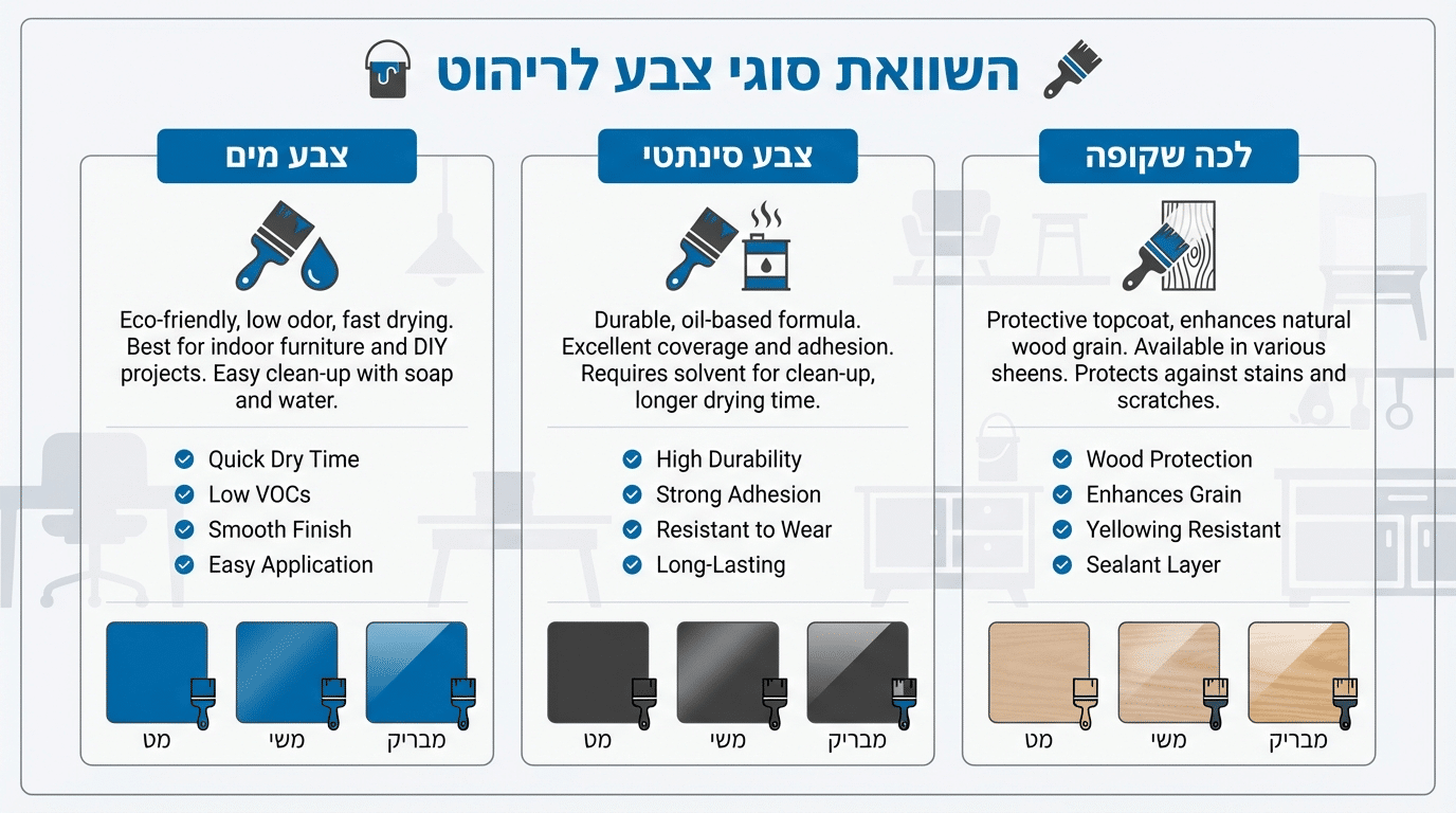 סוגי צבעים שונים לצביעת רהיטים - השוואה מקצועית