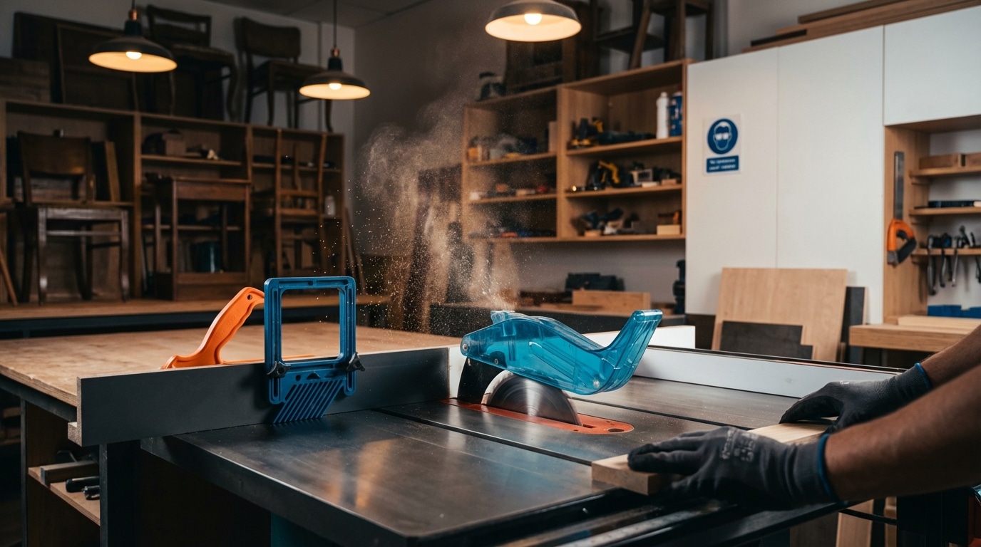 בטיחות במסור שולחן - מניעת קיקבק ושימוש בדוחף