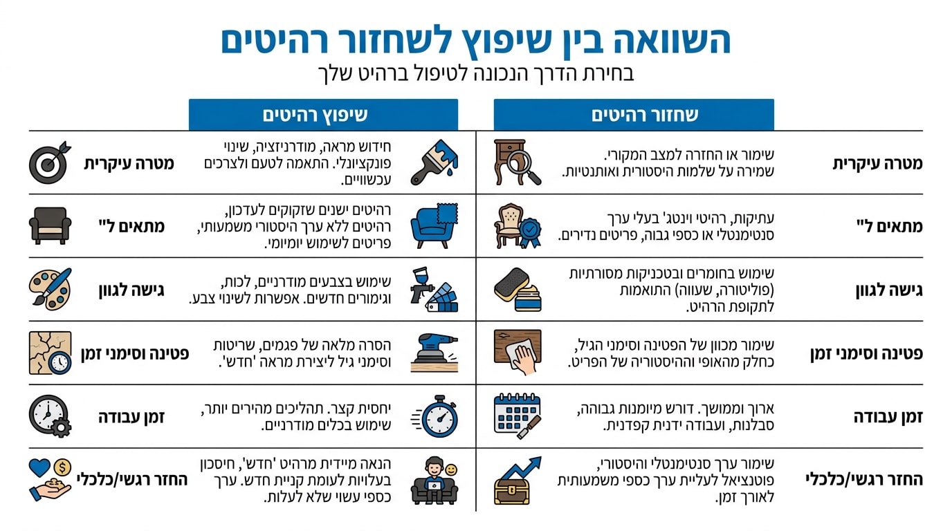 טבלת השוואה חידוש מול רסטורציה