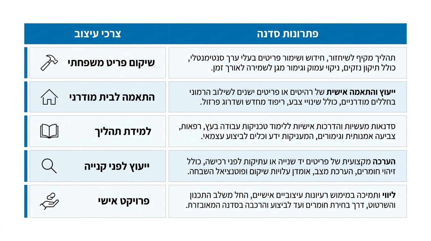 טבלת צורך עיצובי מול פתרון בבית מלאכה